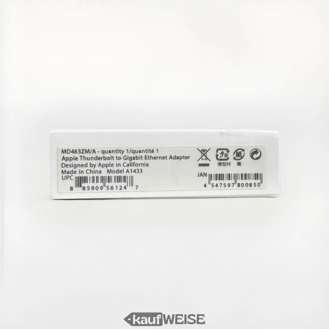 Weiße rechteckige Box mit Apple Thunderbolt zu Gigabit Ethernet Adapter für MacBook