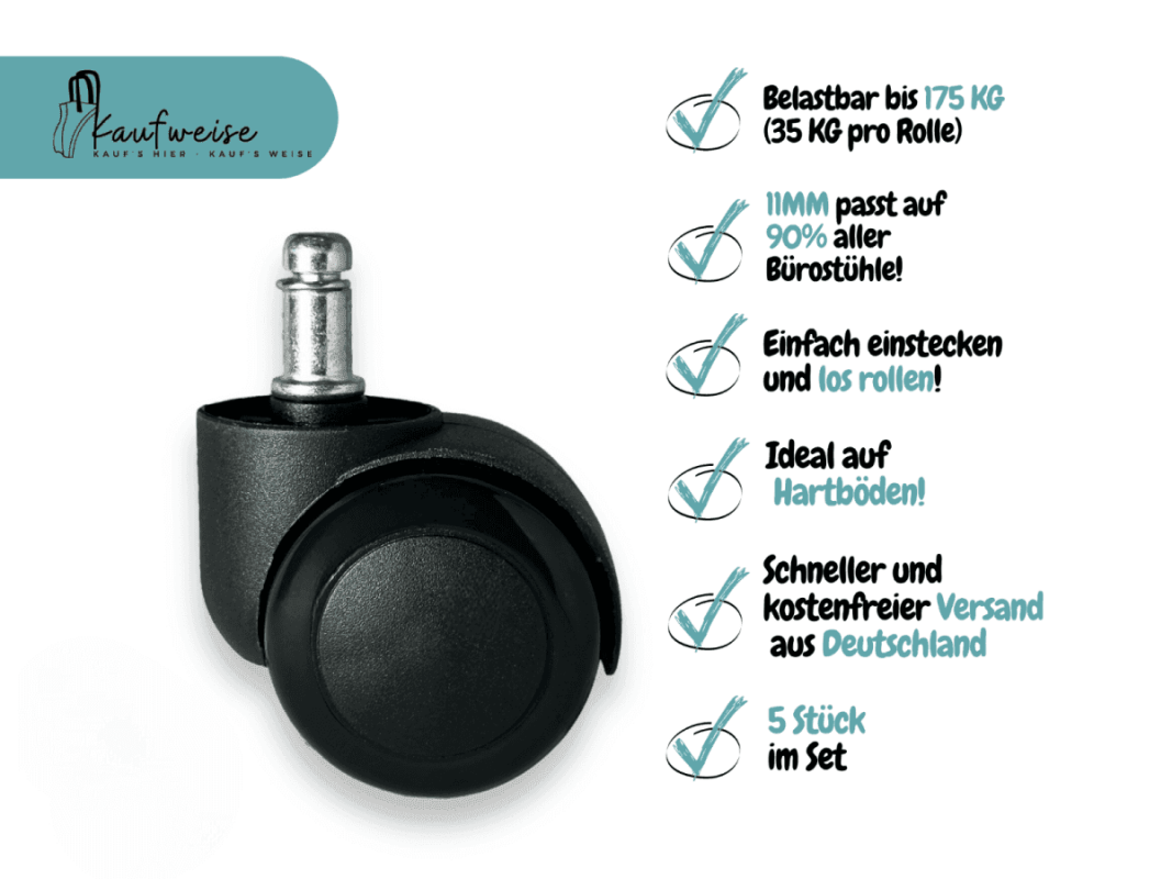 Bürostuhlrollen schwarz mit Metallstiel, kratzfrei und leise für Parkett Laminat