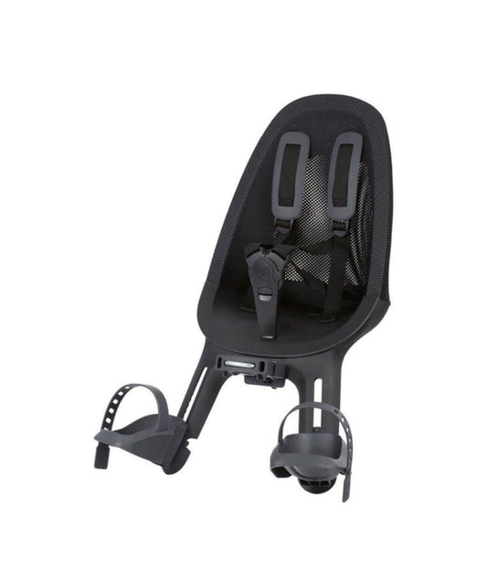 Schwarzer Front-Kindersitz für Fahrrad mit Fünf-Punkt-Gurt und verstellbaren Fußstützen