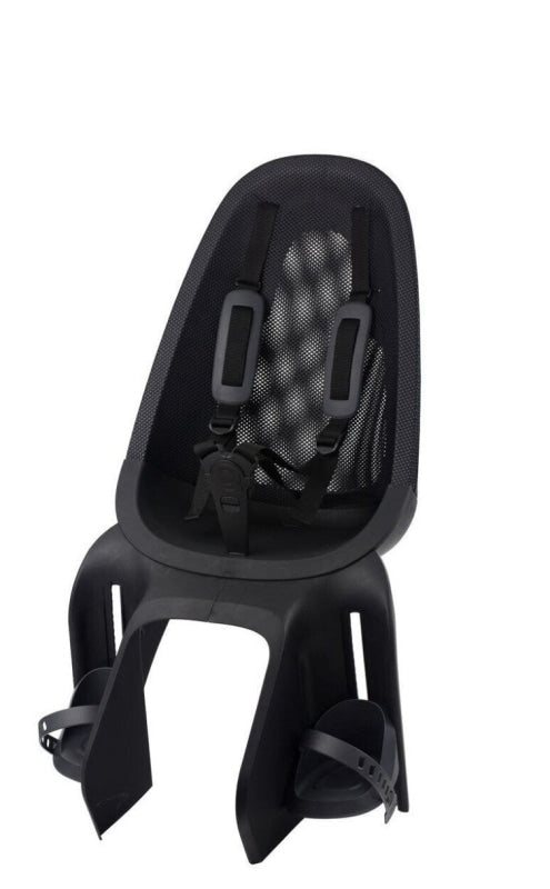 Schwarzer Fahrradsitz für Kinder mit gepolstertem Gurt und Fußriemen