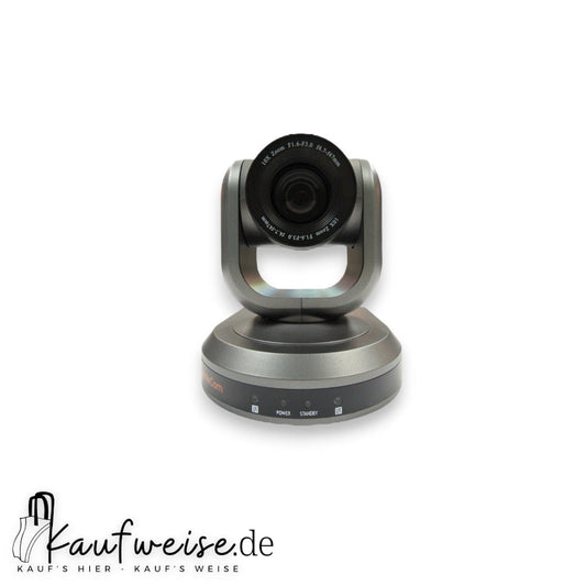 Graue PTZ Konferenzkamera mit schwarzem Objektiv und 10x Zoom von HuddleCamHD