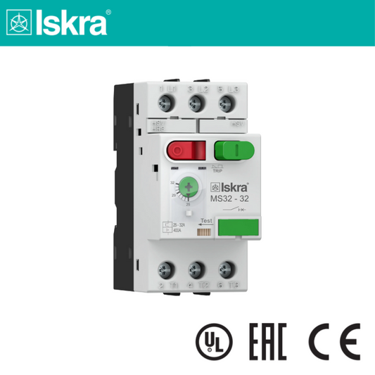Iskra MS32-32 Motorschutzschalter, 25-32 A, 3-polig, weiß-grün mit rotem Knopf