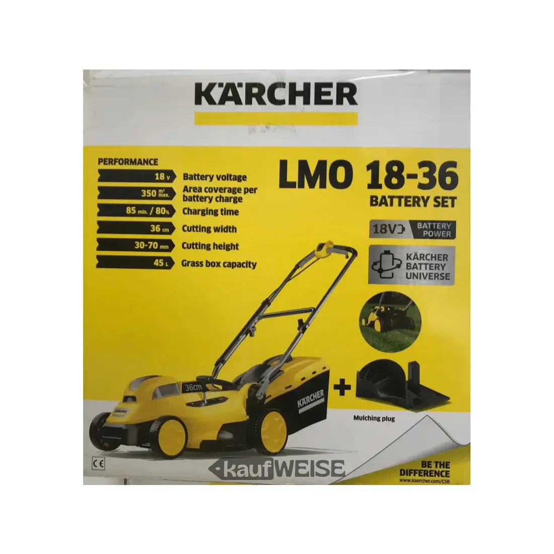 Gelber und schwarzer kabelloser Rasenmäher mit Mulchkeil für Kärcher Akku-Rasenmäher LMO 18-36