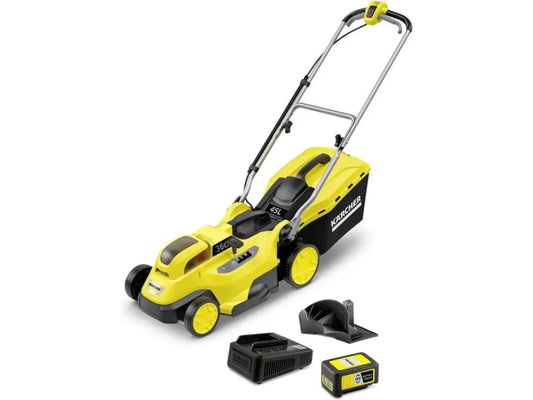 Gelber und schwarzer Akku-Rasenmäher mit Akku und Ladegerät von Kärcher