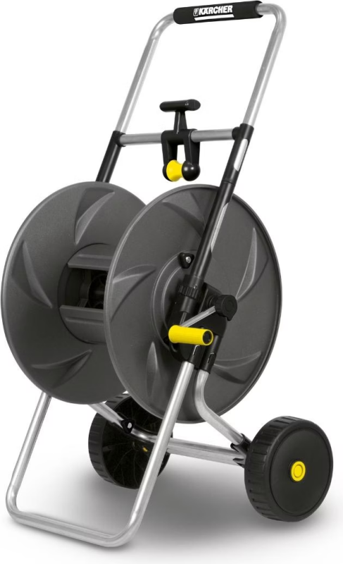 Portable metallischer Schlauchwagen mit zwei großen grauen Spulen und Griff