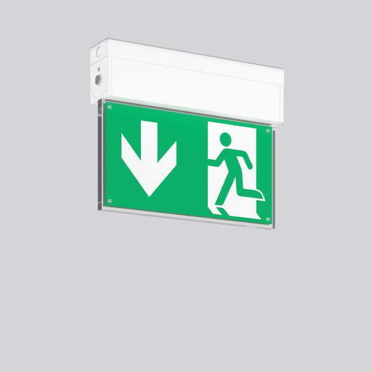 Grünes Notleuchte mit Selbsttest und Piktogrammen für Fluchtwege an Wand