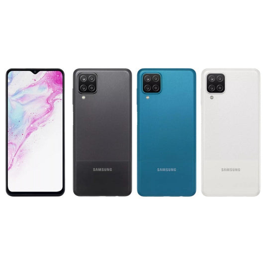 Vier Samsung Galaxy A12 Smartphones in verschiedenen Farben auf dem Produktbild