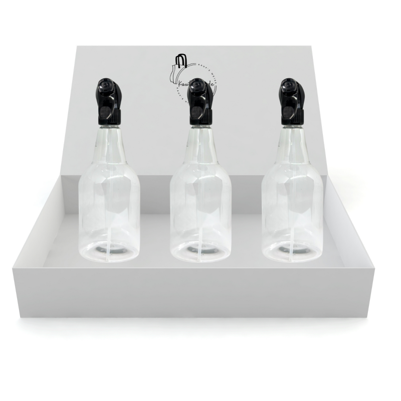 Drei transparente Sprühflaschen in einer weißen Box, ideal für Reinigung und Pflege