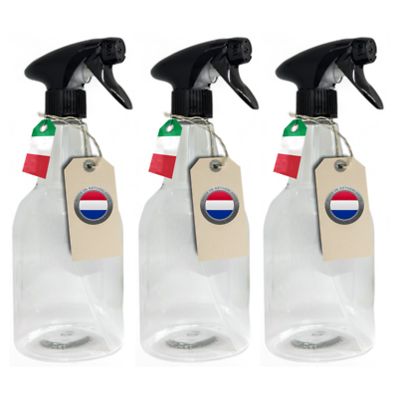 Drei transparente Sprühflaschen mit schwarzen Düsen und Etiketten im Set