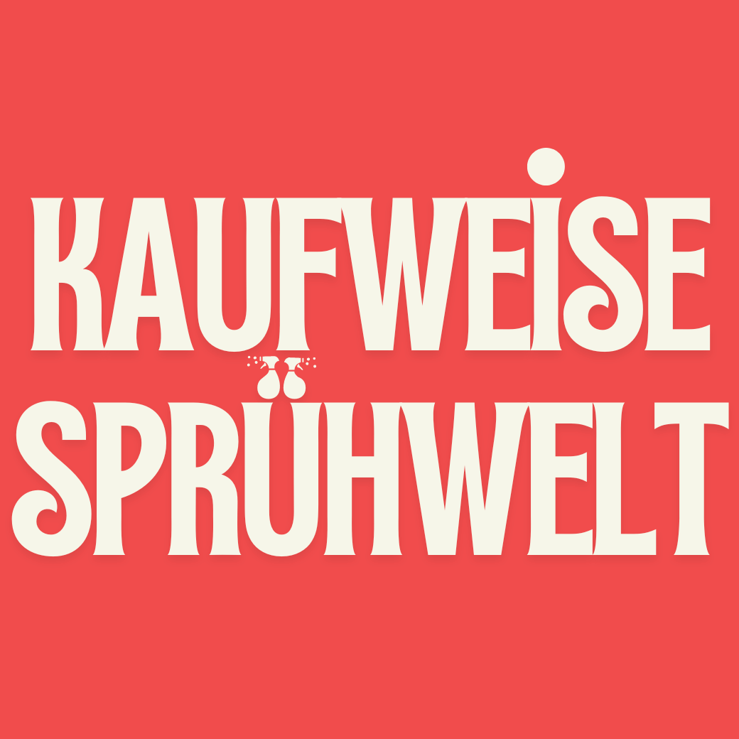 Alt-Text:Kaufweise Sprühwelt – Kreatives Design mit stilvollem Schriftzug auf rotem Hintergrund.