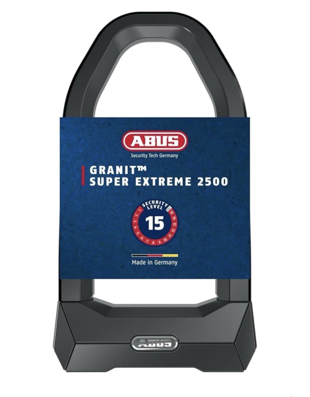 Schwarzes U-Lock mit blauer Marke ABUS GRANIT SUPER EXTREME 2500, Sicherheitslevel 15