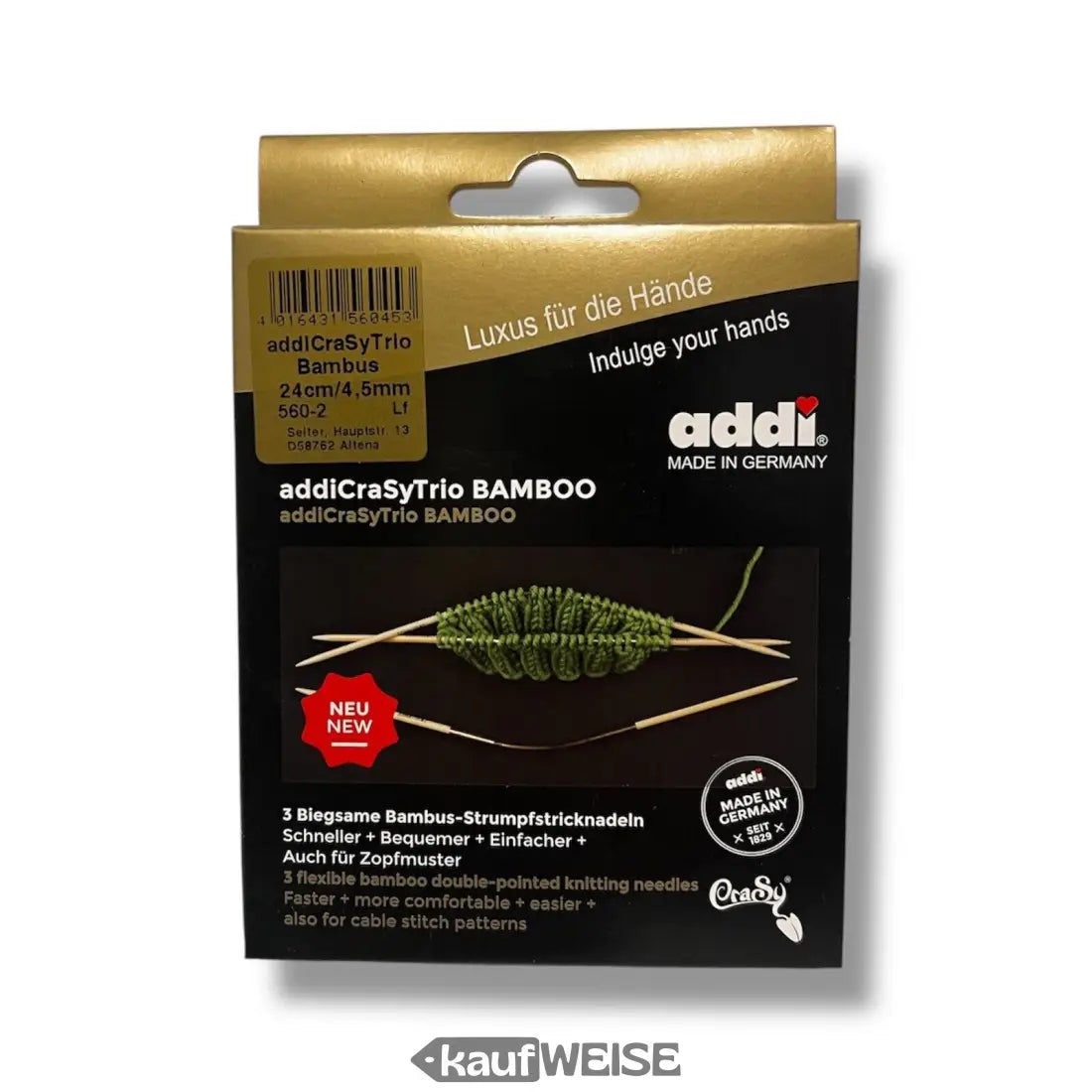 Addi CraSyTrio Bamboo Stricknadeln Verpackung für flexibles Sockenstricken