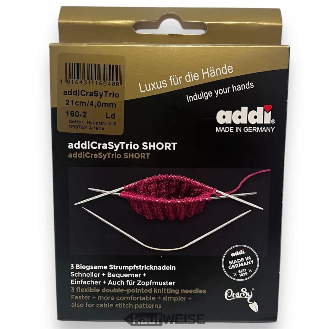 Addi CraSy Trio kurze Stricknadeln Verpackung für Sockenstricken 21 cm 3er Set