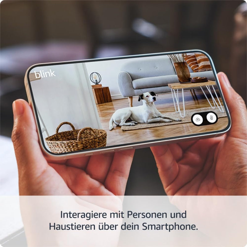 Silbernes Smartphone mit schwarzem Bildschirm und Blink Mini 2 App