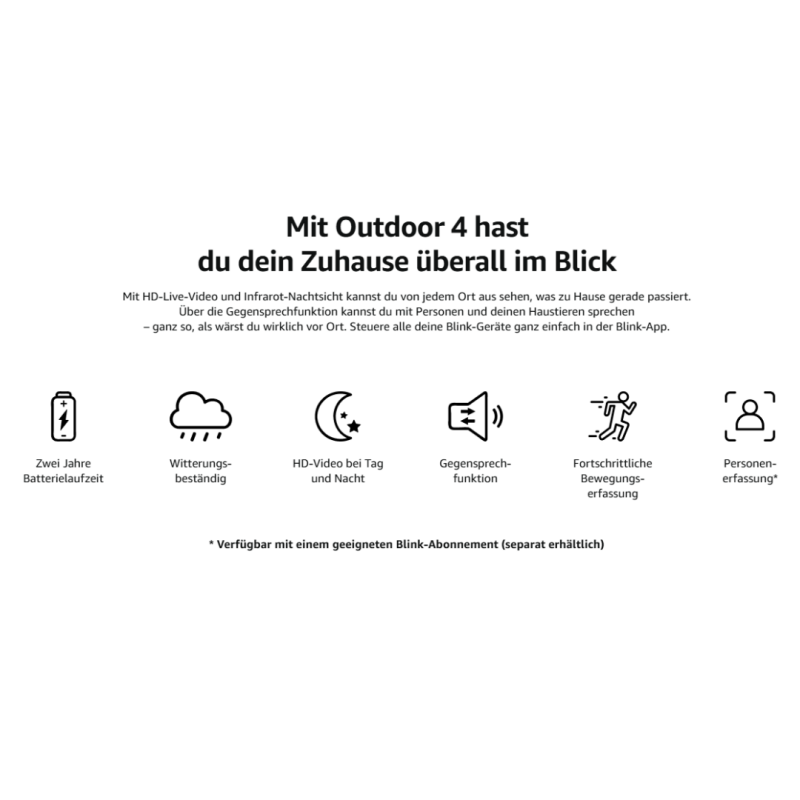 Promo Bild der Blink Outdoor 4 Überwachungskamera mit Akku, Wetterfest, HD, Zwei-Wege-Audio