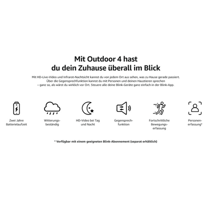 Promo Bild der Blink Outdoor 4 Überwachungskamera mit Akku, Wetterfest, HD, Zwei-Wege-Audio