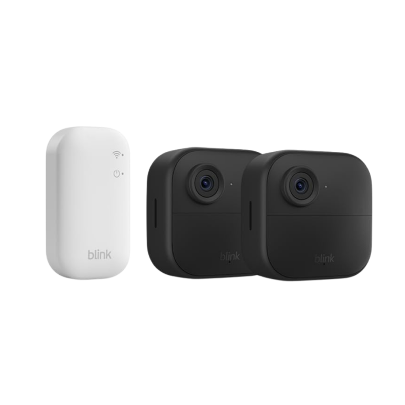 Weiße Syncmodul und zwei schwarze Überwachungskameras für Blink Outdoor Set