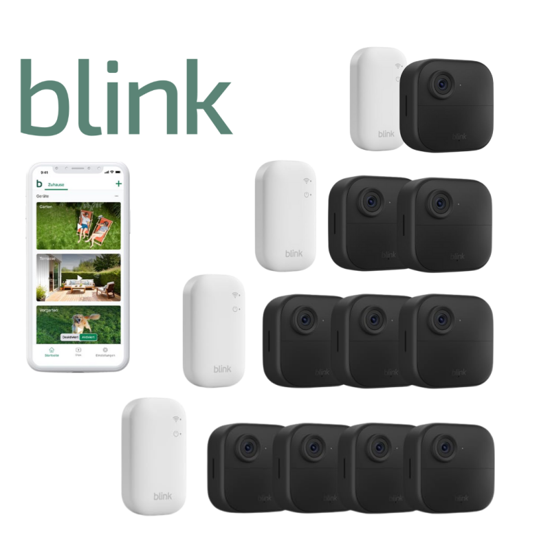 Blink Outdoor Überwachungskamera Set mit mehreren Kameras und App-Interface