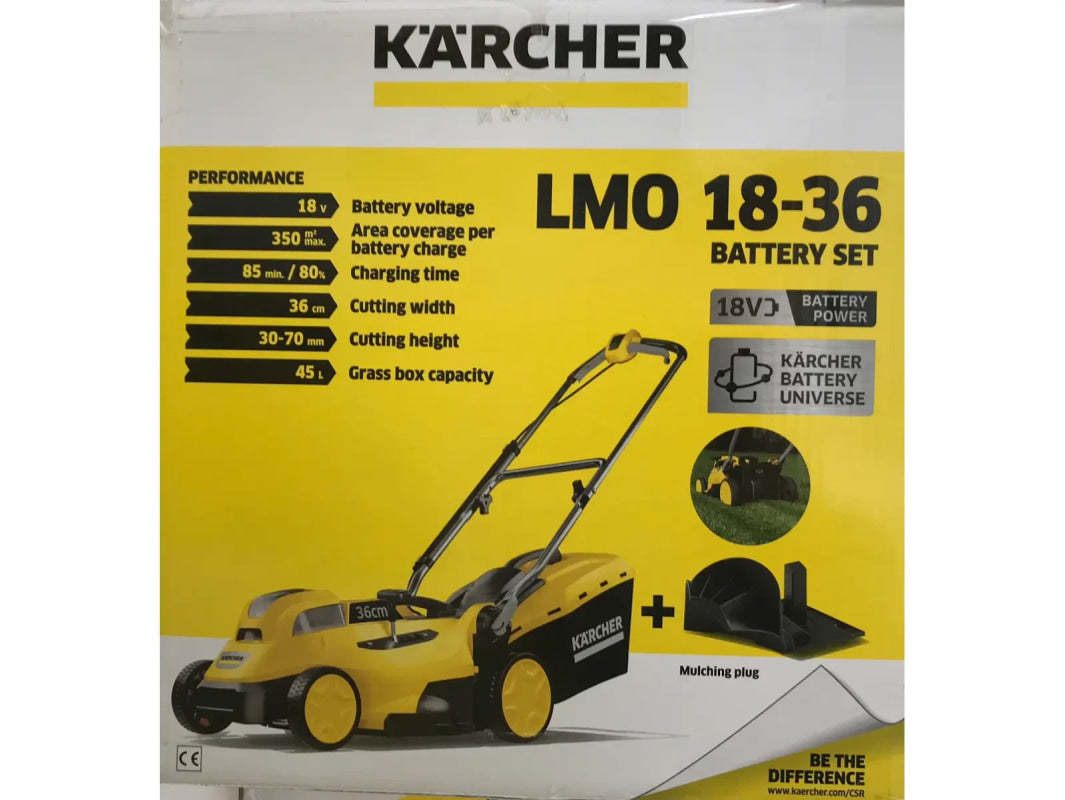 Gelber und schwarzer kabelloser Rasenmäher mit Mulchkeil für Kärcher Akku-Rasenmäher LMO 18-36