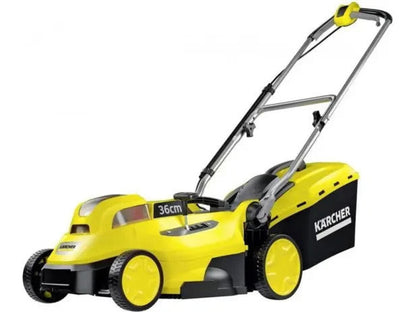 Gelber und schwarzer Karcher Akku-Rasenmäher mit 36cm Schnittbreite in Aktion