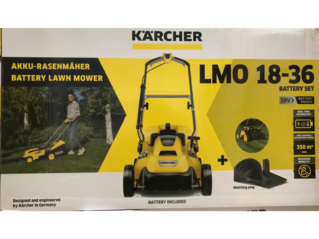 Kärcher Akku-Rasenmäher LMO 18-36 mit Mulchstecker und 18V Akku im Garten Einsatz