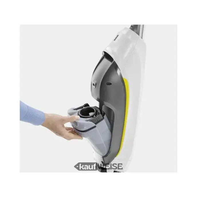 Weiß-gelber Kärcher FC 5 Akku-Saugwischer Roboter mit grauem Filter