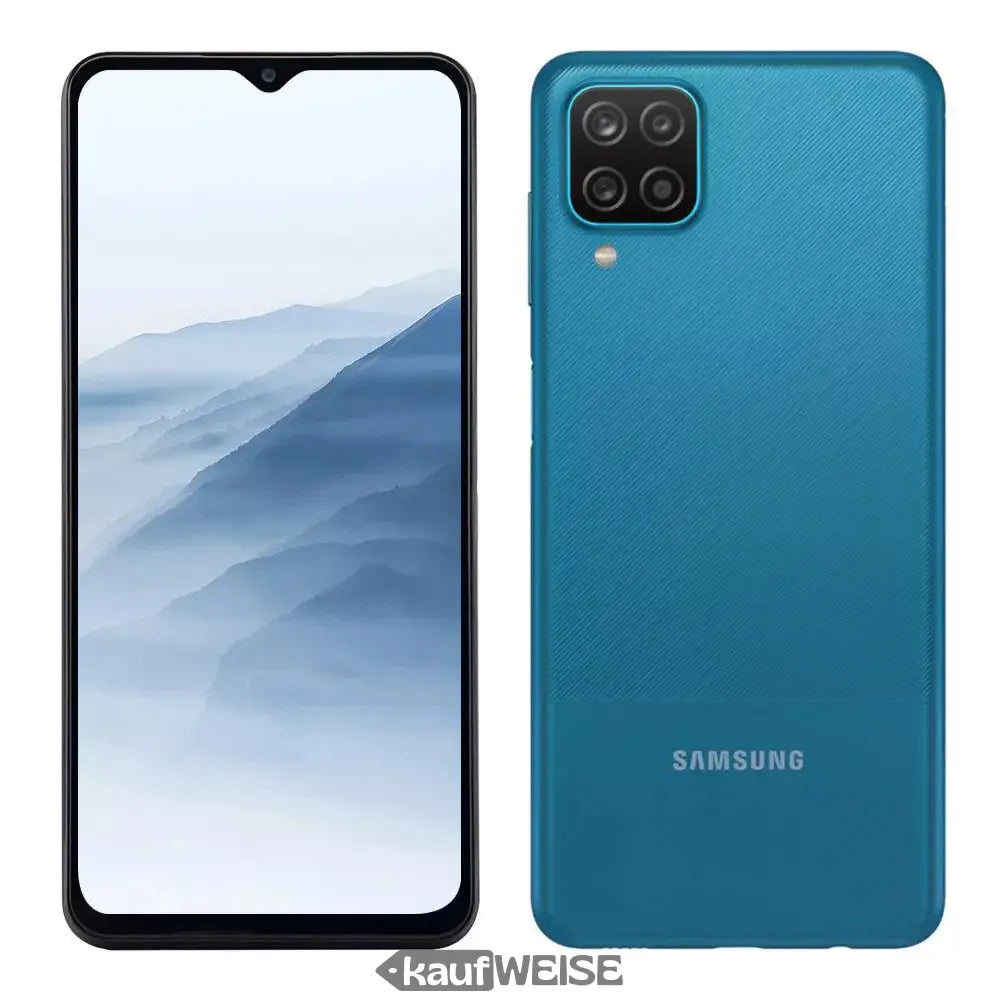 Blaues Samsung Galaxy A12 SM-A127F/DS Smartphone vorne und hinten, 64GB DualSim