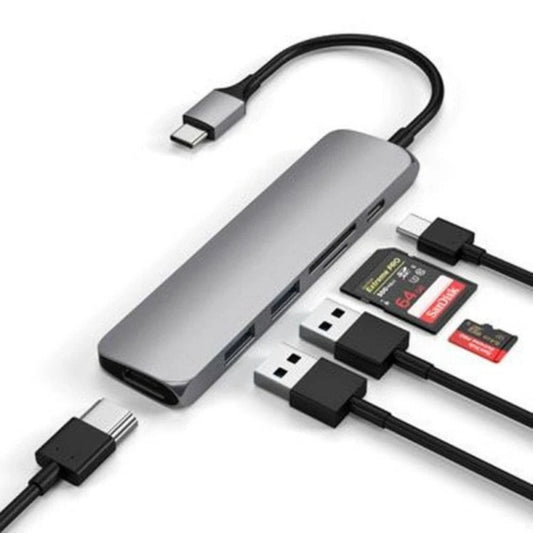 Silberner Satechi V2 Slim USB-C Multiport Adapter mit HDMI, PD, USB-C, USB-A und SD-Kartensteckplätzen