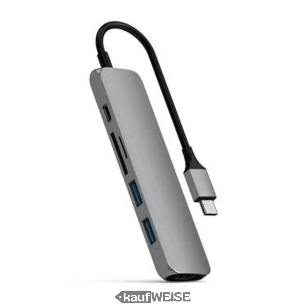 Silberner USB-C Hub mit schwarzem Kabel und drei Ports für Satechi V2 Adapter