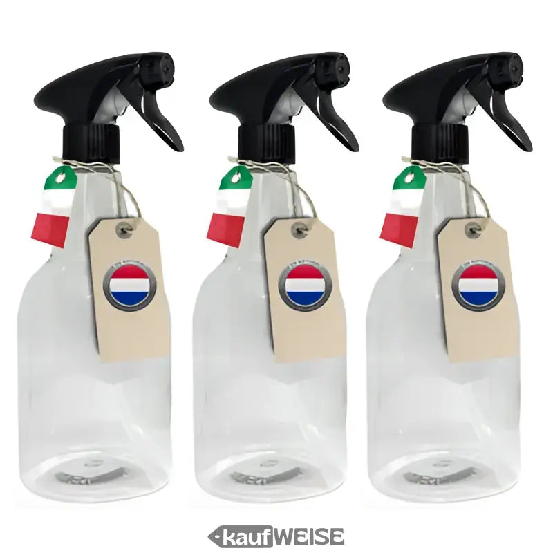 Drei transparente Sprühflaschen mit schwarzen Düsen und Etiketten im Set