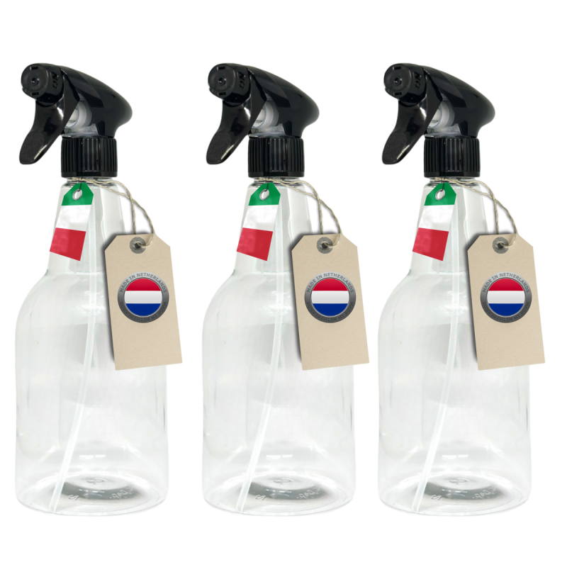 Drei transparente Sprühflaschen mit italienischer und niederländischer Flagge