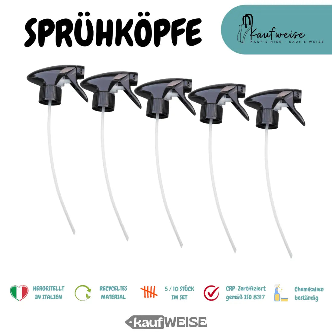 Fünf schwarze Sprühkopf Set für Haushalt und Garten mit weißem Schlauch, kostenloser Versand