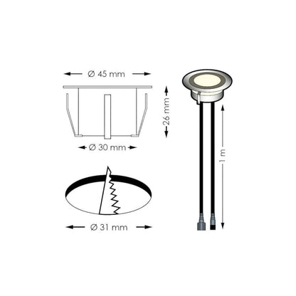 Recessed LED-Lichtstrahler mit Installationsmaßen für SOFIA Terrassenbeleuchtung Set